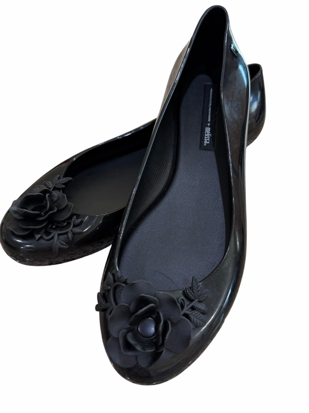 MELISSA Black Jelly Ballet Flats - with flower at Toe - Womens Size 9 LIKE NEW